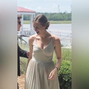 elevenses Silver Shimmer V-Neck Pleated Midi Dress from Anthropologie